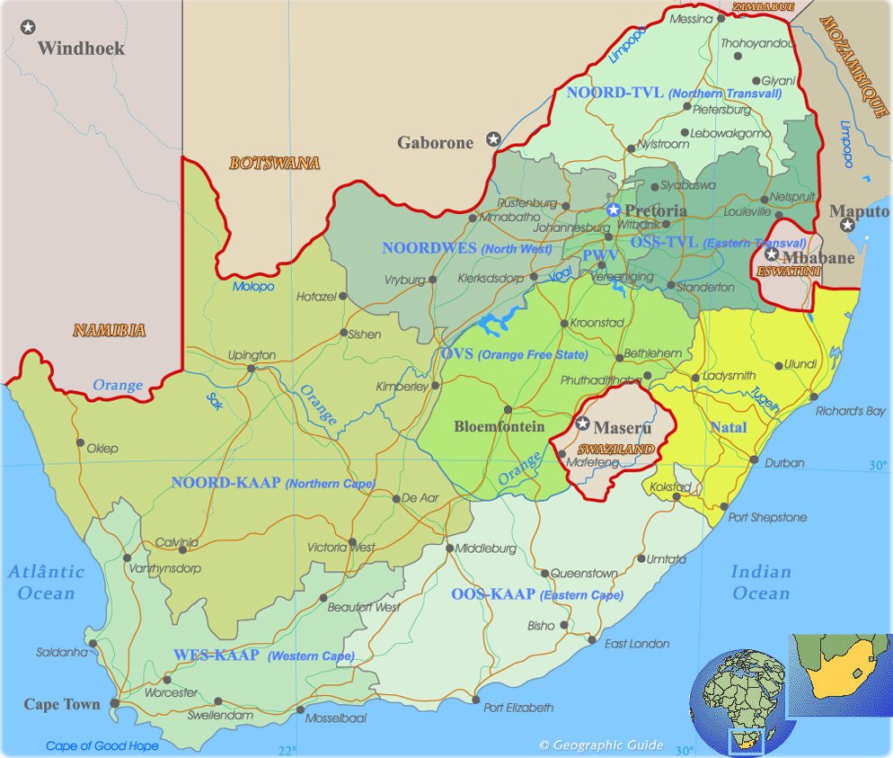994x843 South Africa Map, Johannesburg and Cape Town