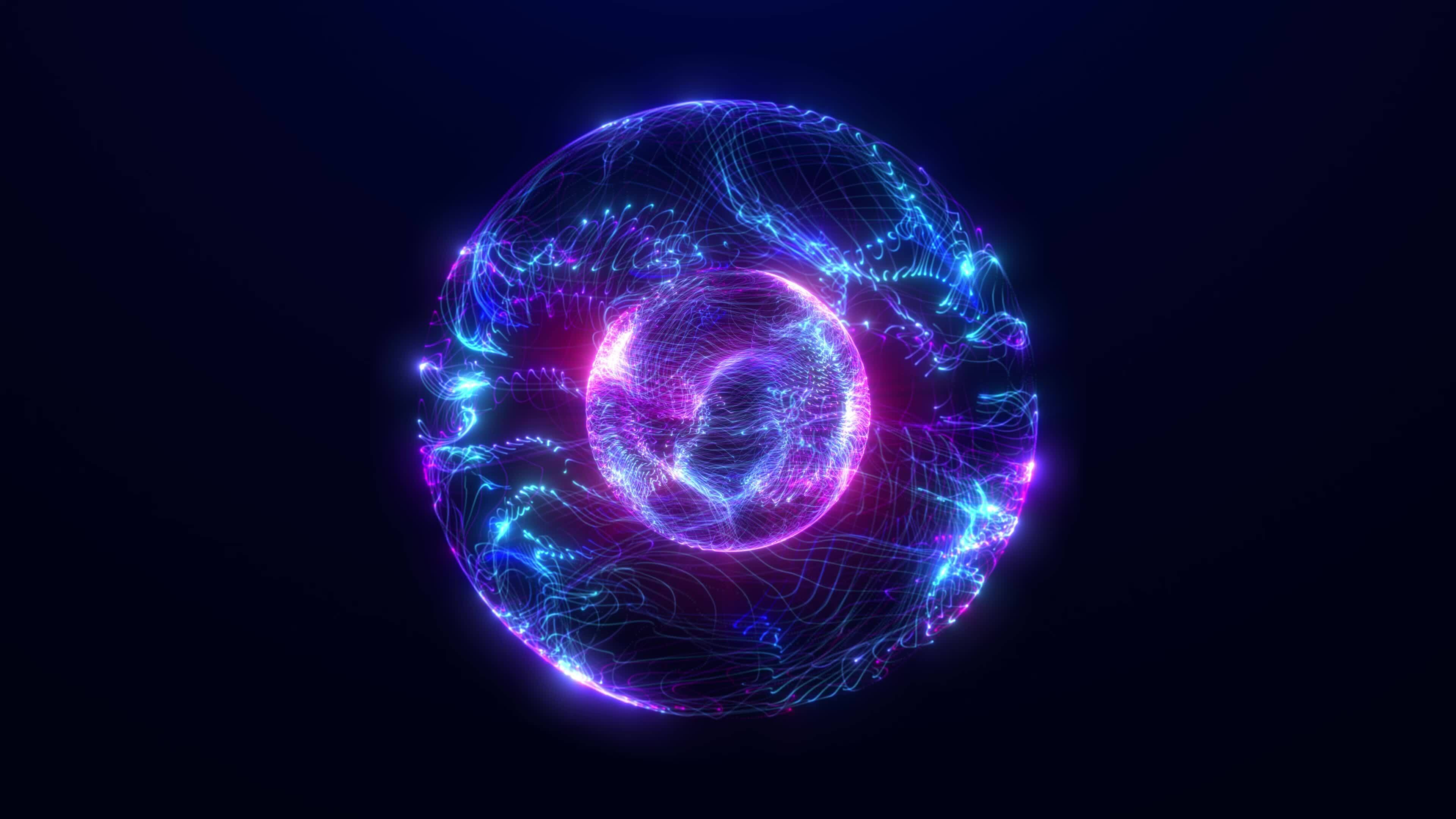 3840x2160 Abstract glowing particle sphere, ultraviolet atom, energy ball shining brightly with rays of light, magic waves from particles and dots, abstract atomic science background, seamless loop