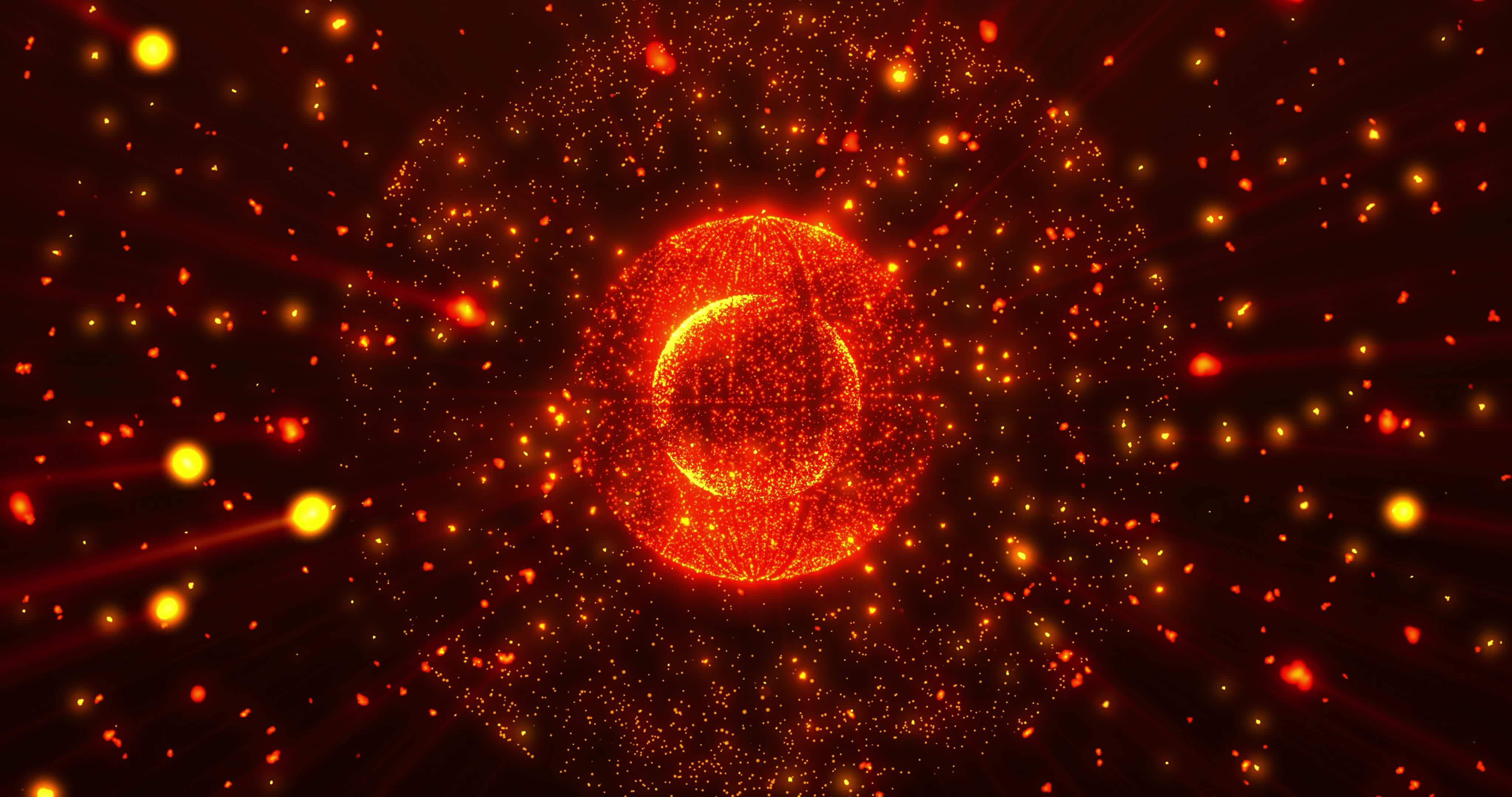4096x2160 Abstract glowing orange particle sphere, atom, energy ball shining brightly with rays of light, magic sparkling dust, abstract atomic science background, seamless loop