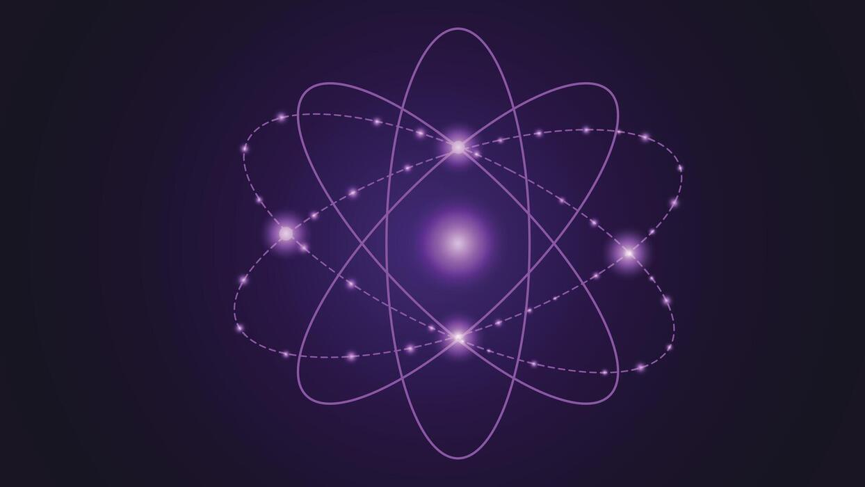 1244x700 Modern abstract purple background featuring a glowing atom with dynamic electron orbits, perfect for science, technology, physics, energy, and futuristic themed creative projects