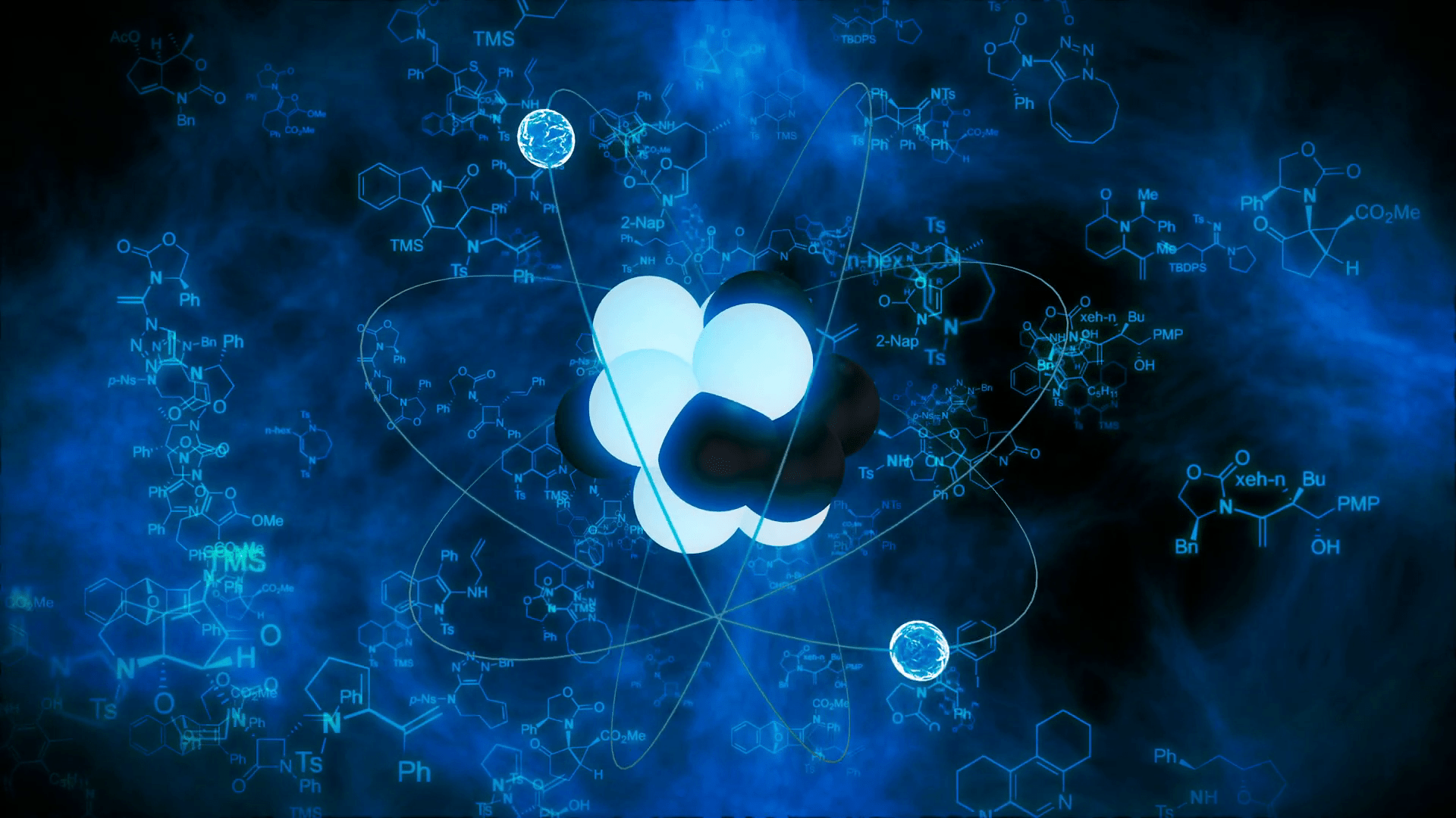 1920x1080 Abstract atom model animation and chemistry formulas on a blue energy background