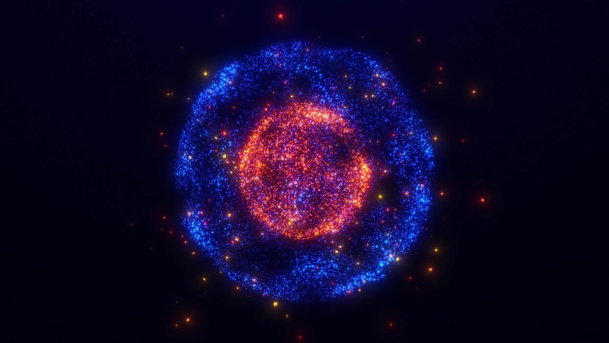 1244x700 Abstract glowing sphere, energy ball shining brightly, magic plasma ball, waves from particles and dots, abstract atomic science background, seamless loop