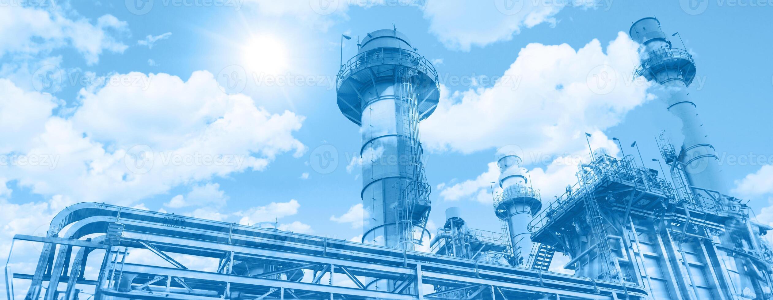 2522x980 Modern gas power plant petroleum building overlay blue sky cloud for clean air eco saving energy good ozone environment industry concept