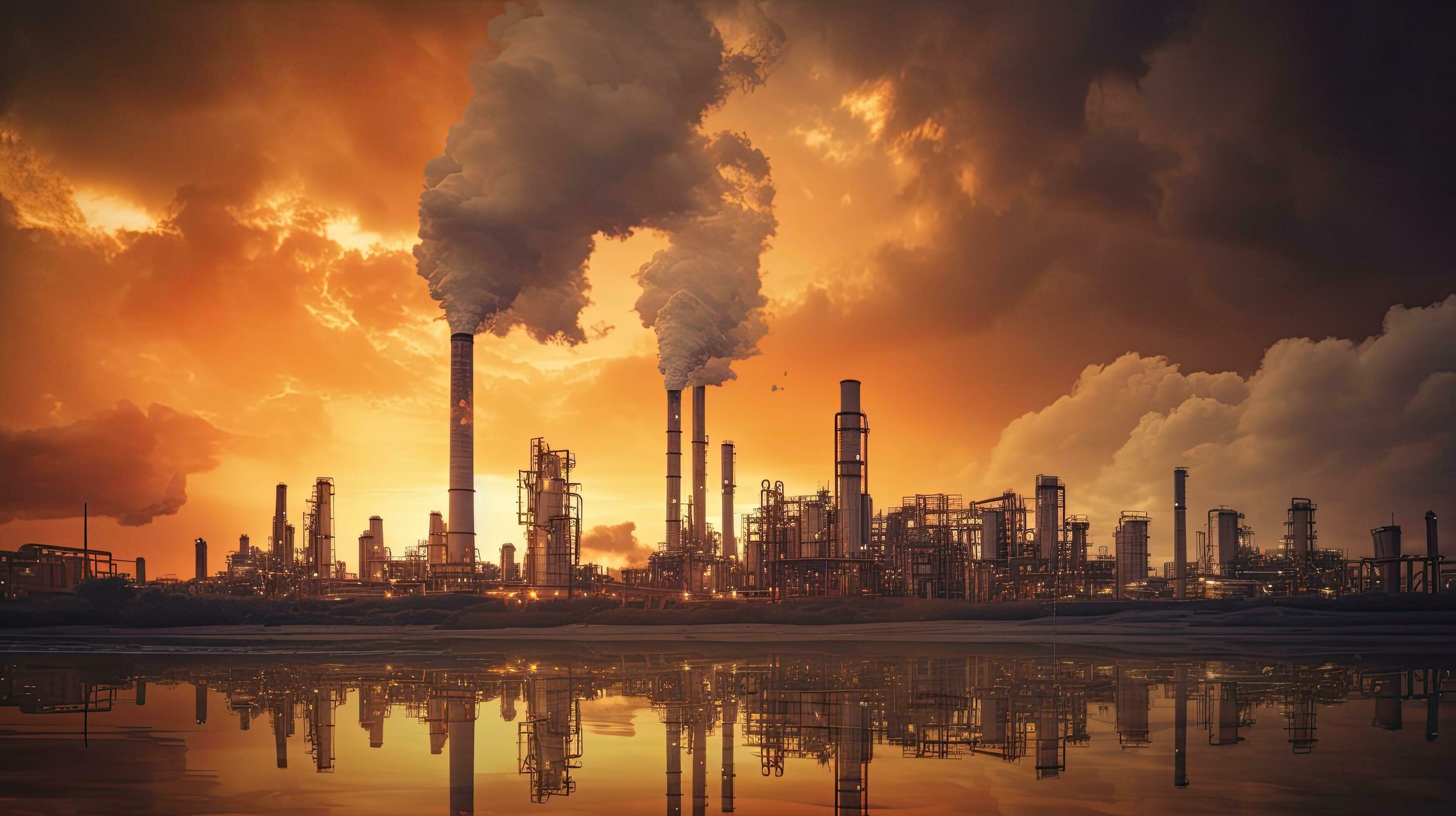 3497x1960 Sunrise backdrop with an orange sky showcases the petrochemical industry highlighting an oil refinery plant and towering column