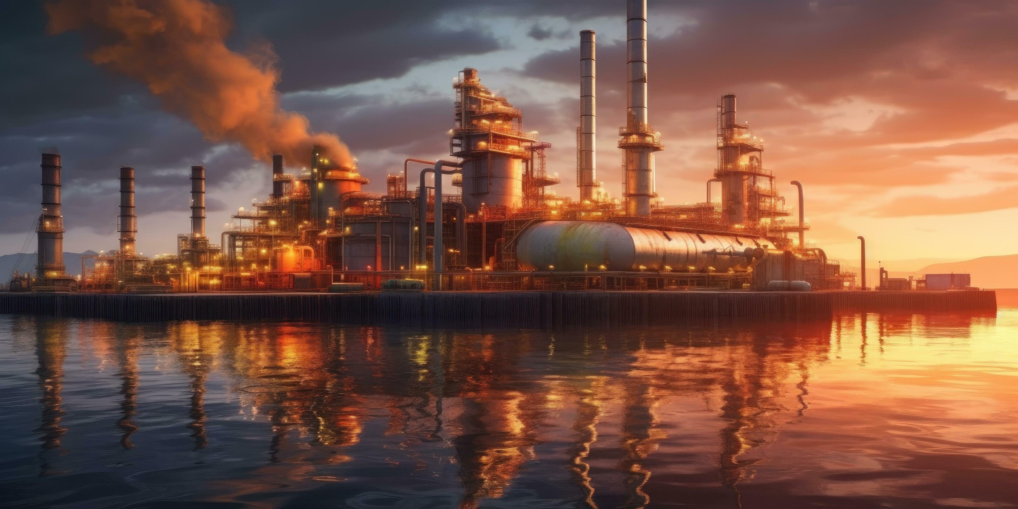 3920x1960 Aerial view of smart chemical oil refinery plant, power plant on evening view background AI generated