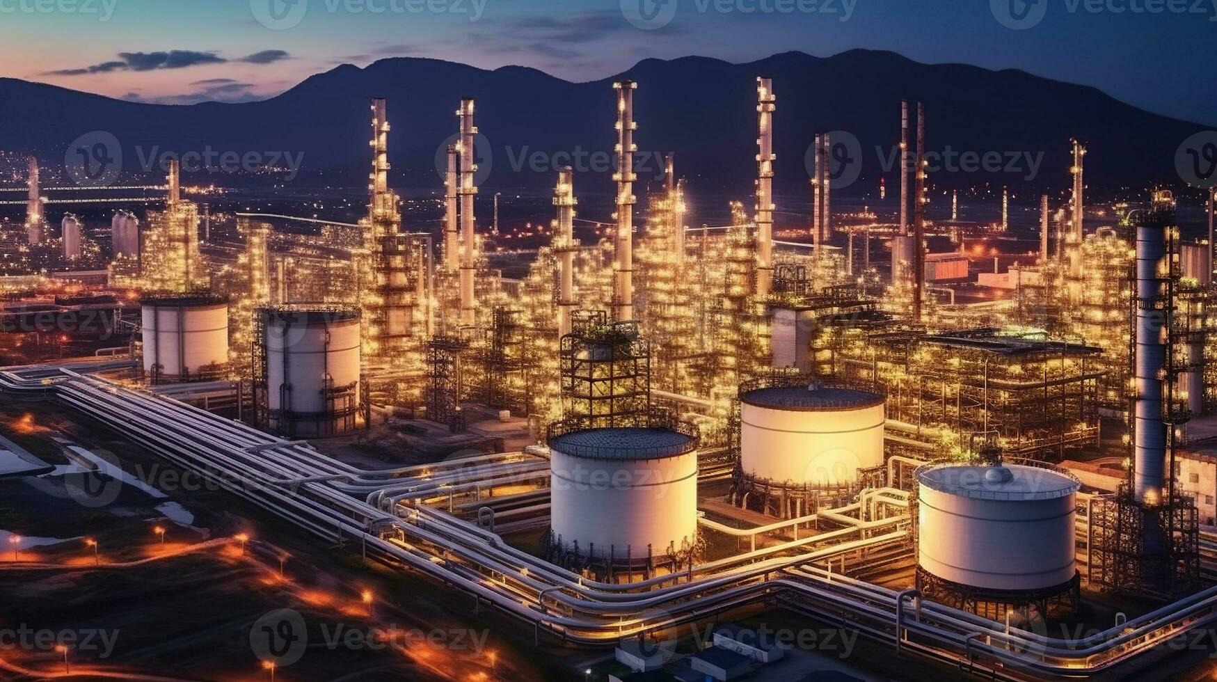 1749x980 Aerial view oil and gas petrochemical industrial, Oil refinery plant from industry zone. Refinery factory oil storage tank and pipeline steel at night. Generative AI