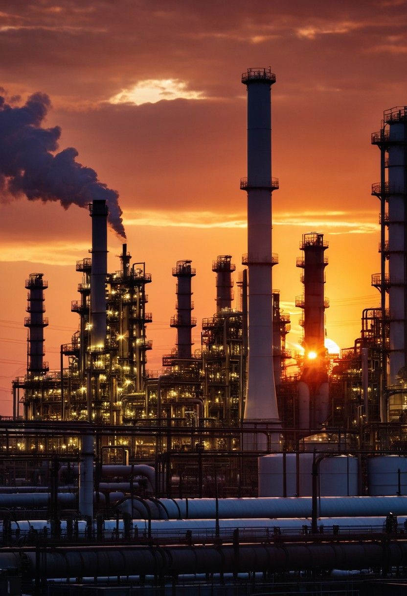 832x1216 oil refinery sunset scenery. Stable Diffusion Online