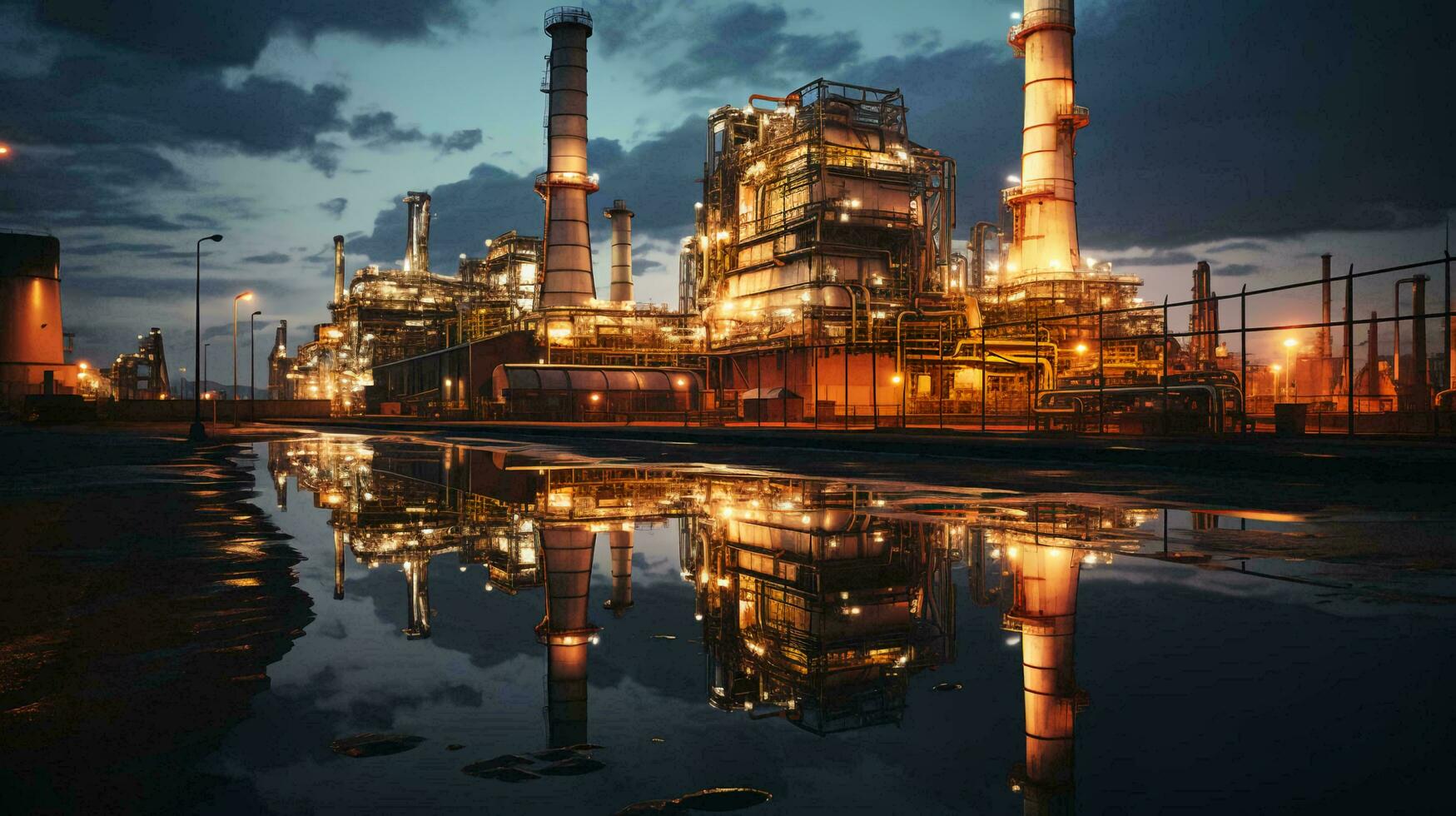1749x980 Industrial oil refinery petrochemical chemical plant with equipment and tall pipes at night. AI generated