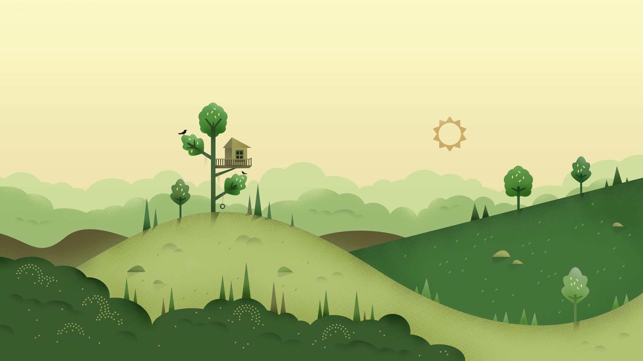 2048x1152 digital Art, Minimalism, Nature, Hill, Trees, Sun, Birds, House Wallpaper HD / Desktop and Mobile Background