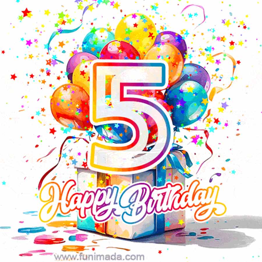 900x900 Vibrant 5th Birthday GIF with Balloons and Confetti on