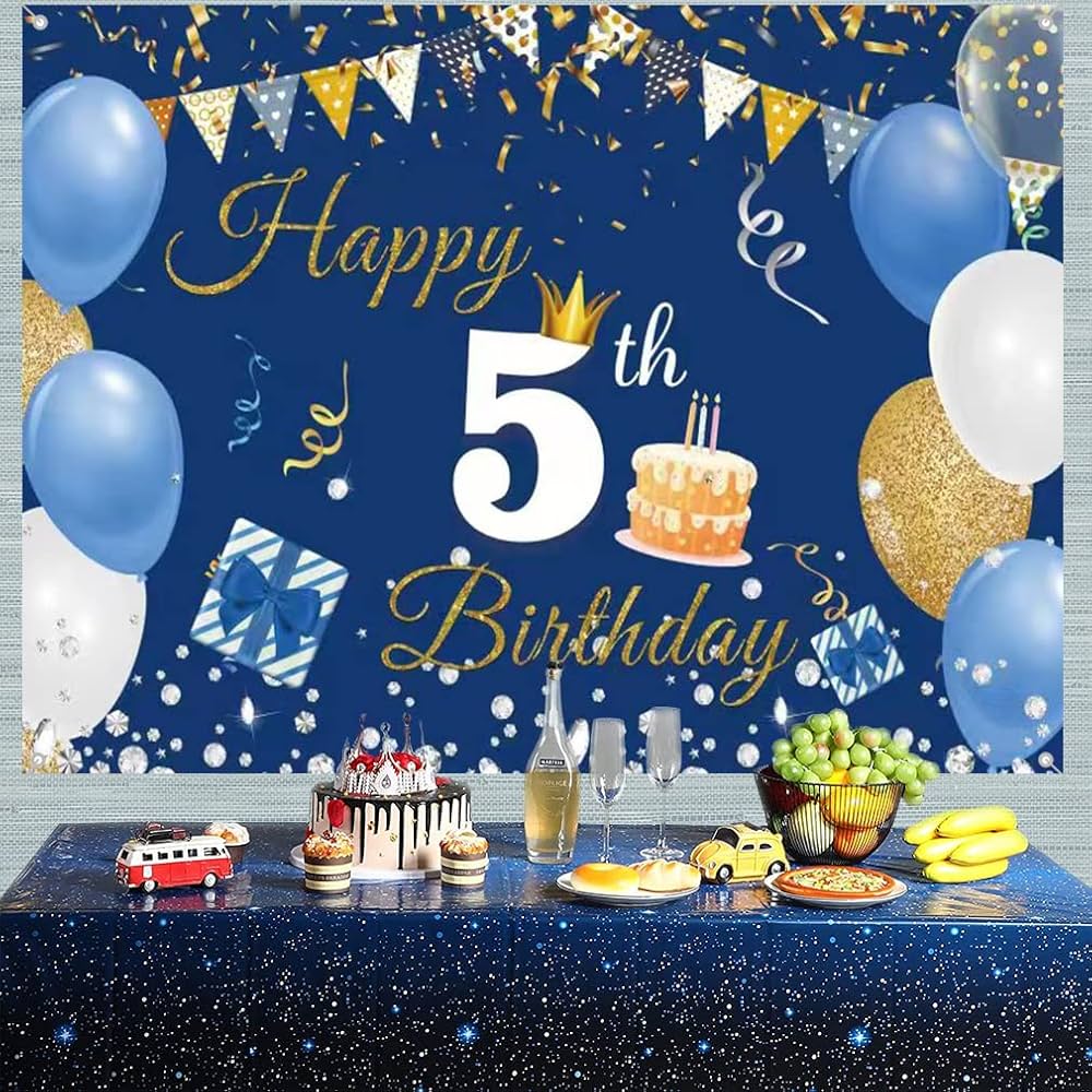 1000x1000 5th Birthday Decorations For Boy Girl, 5 Years Old Backdrop Banner Fabric Sign Poster, Happy 5th Birthday Party Supplies Blue Photography Background Welcome Sign, 150cm X 90cm : Amazon.co.uk: Toys & Games