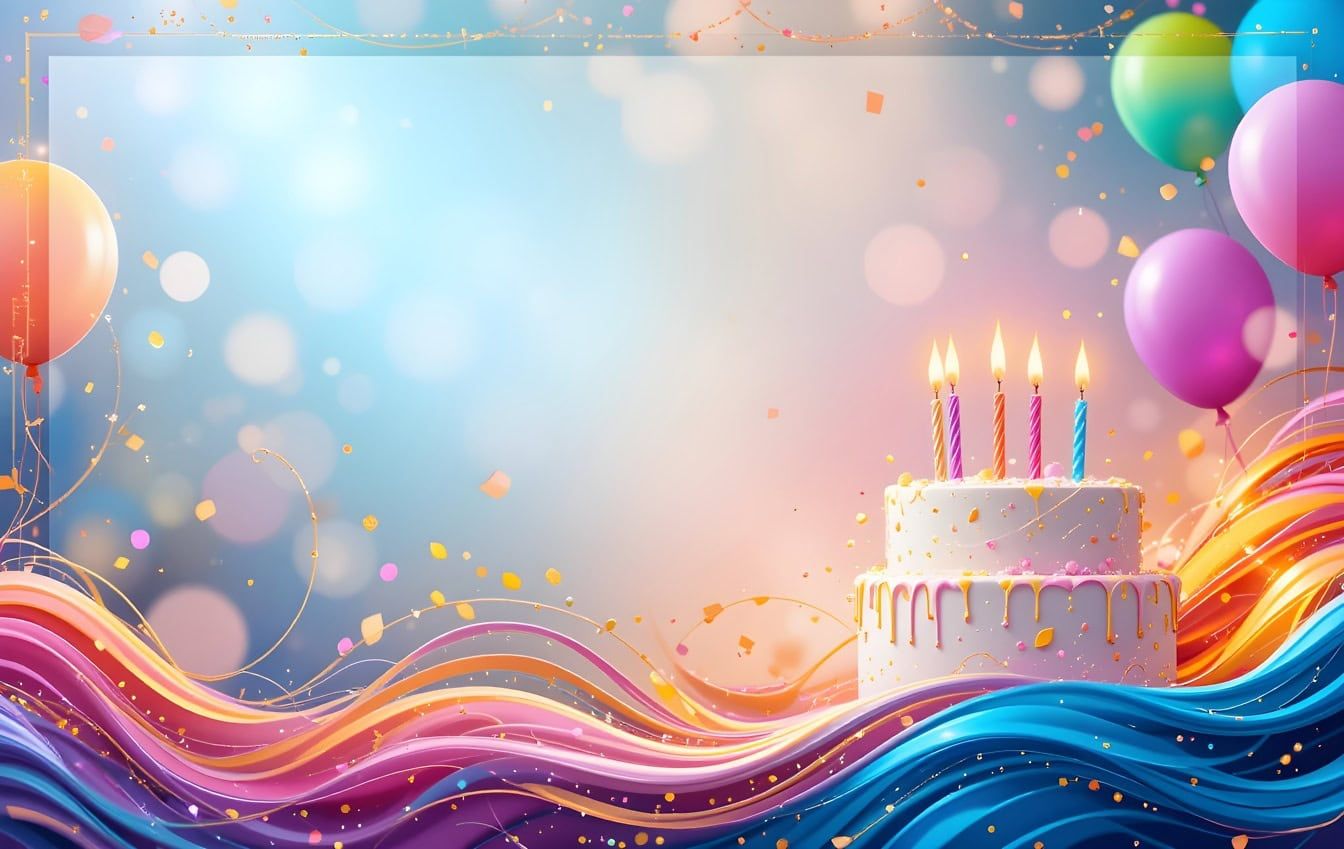 1344x849 Free picture: Invitation for a birthday party for a girl's fifth birthday, template with colorful abstract swirls and a cake with five candles