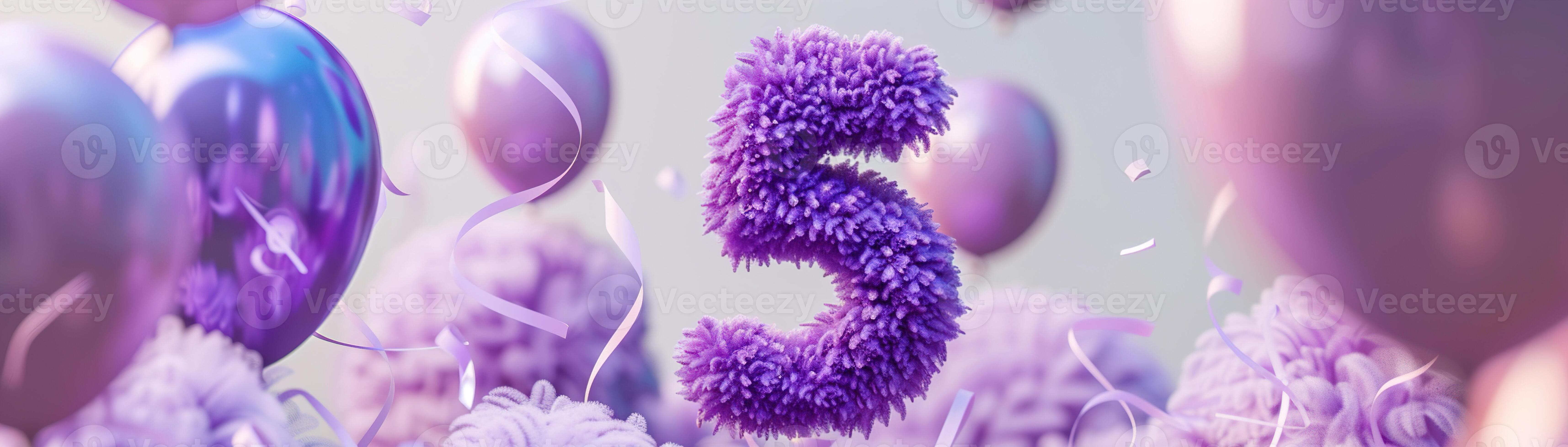 6860x1960 Vibrant, purple number five with blurred balloons on the background. Playful symbol 5. Invitation for fifth birthday celebration. Children, kids party. Greeting card design. Banner