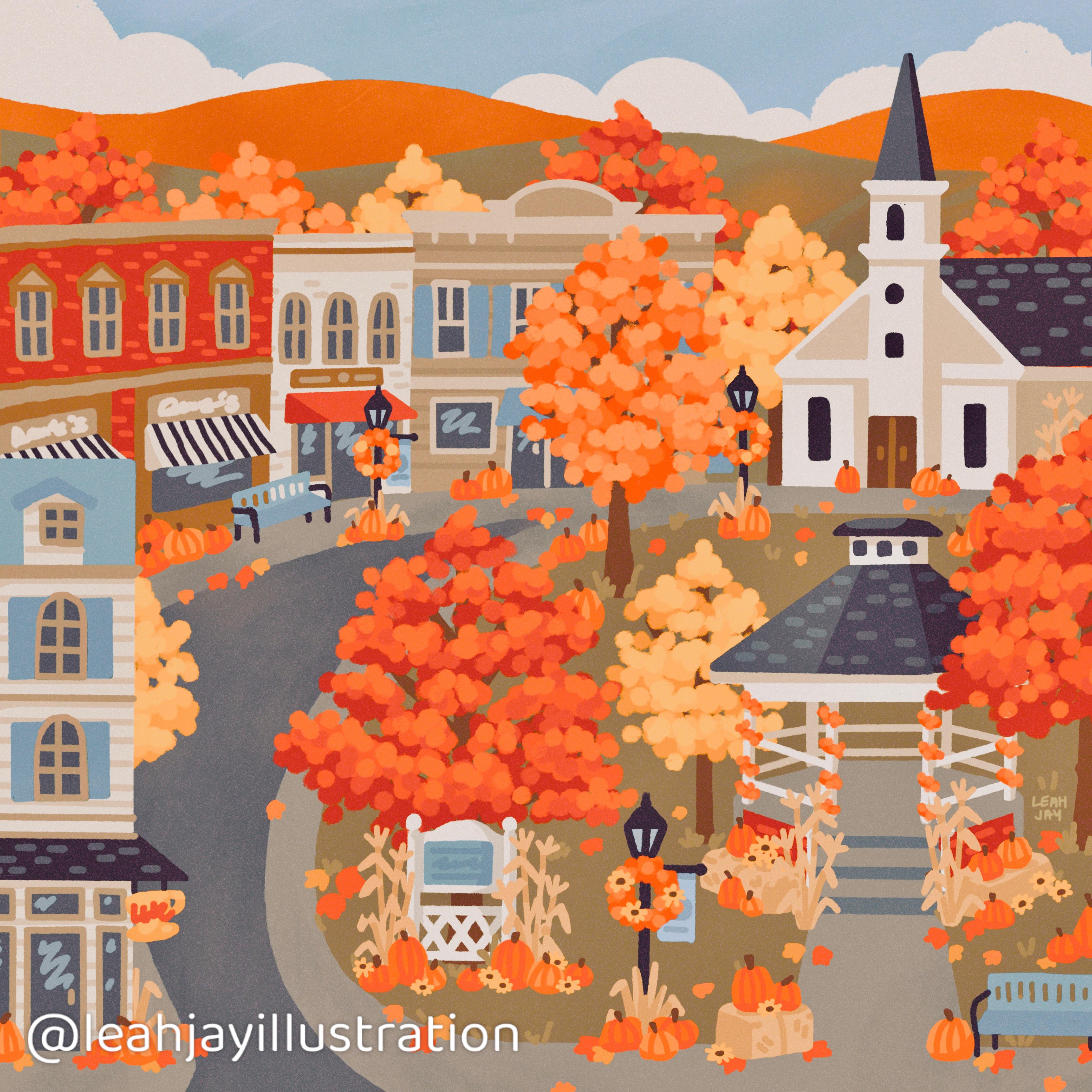 4200x4200 OC I drew Stars Hollow in the fall and made it into a little art print