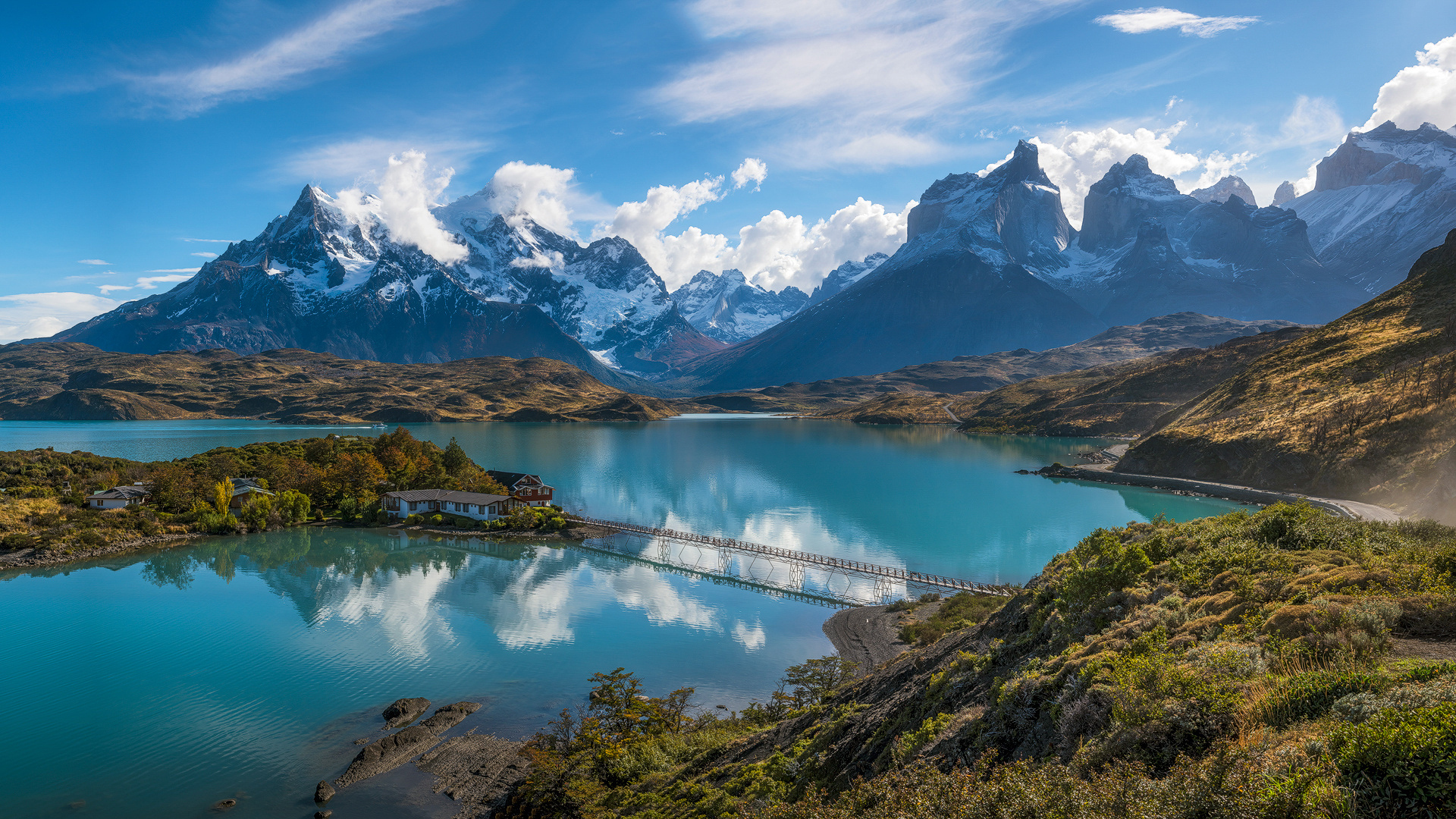 1920x1080 Wallpaper lake, island, home, the bridge, Chile, South America, Patagonia, the Andes mountains for mobile and desktop, section пейзажи, resolution 1920x1080