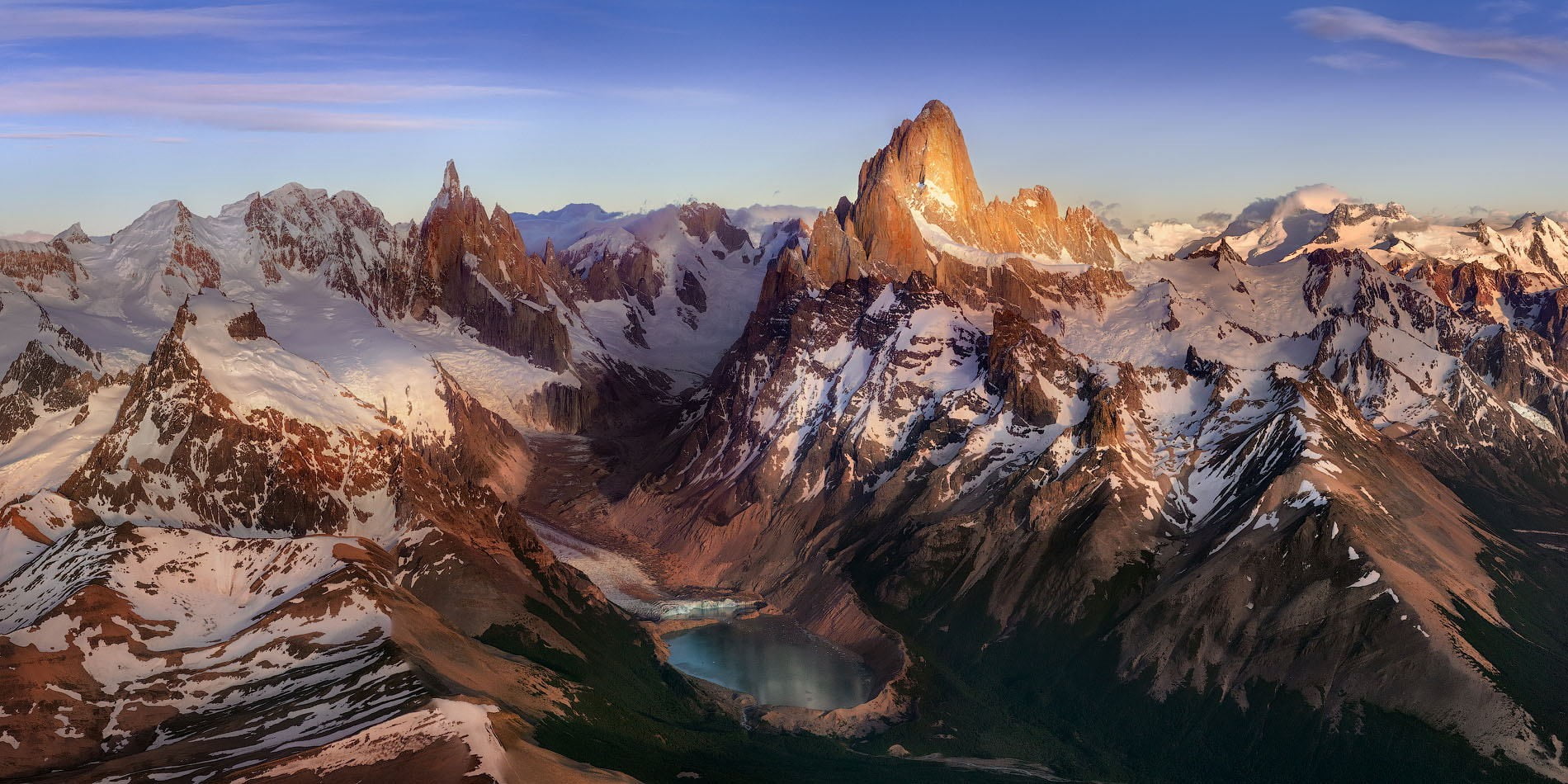 1900x950 Brown mountain coated snow, mountains, lake, snowy peak, Andes HD wallpaper