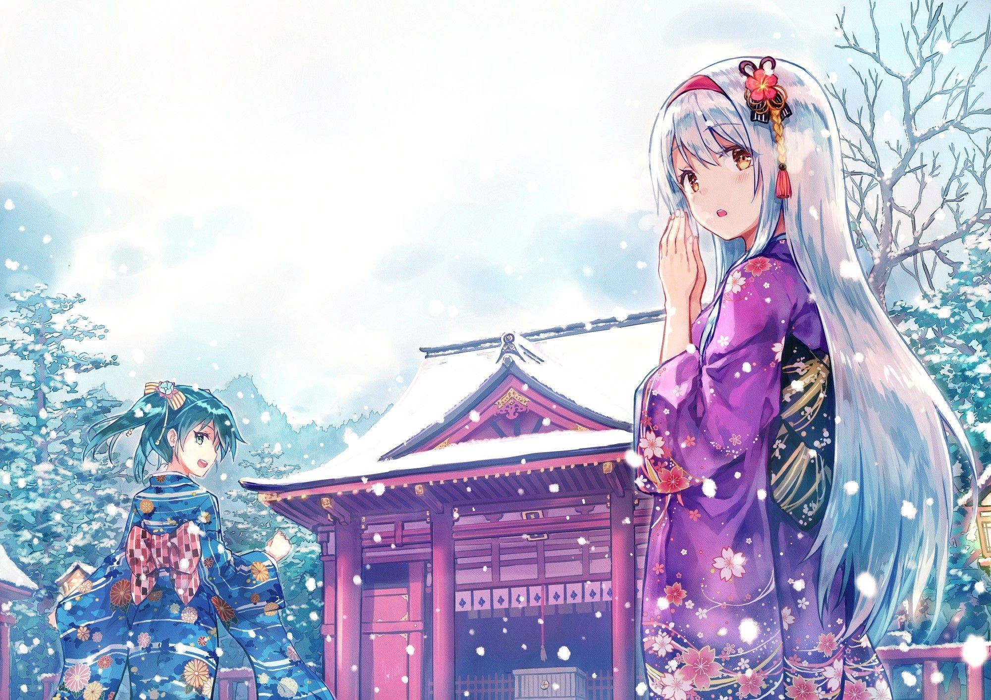 2000x1414 #Kantai Collection, #anime girls, #kimono, #winter