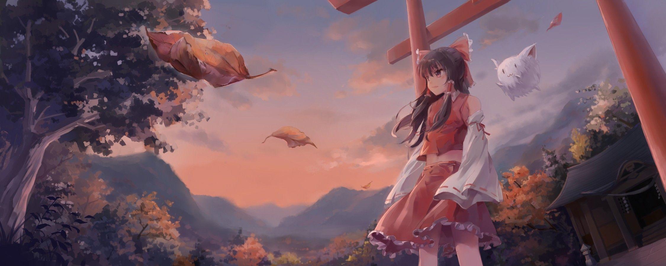 2250x900 #leaves, #Japanese clothes, #building, #sunset, #miko