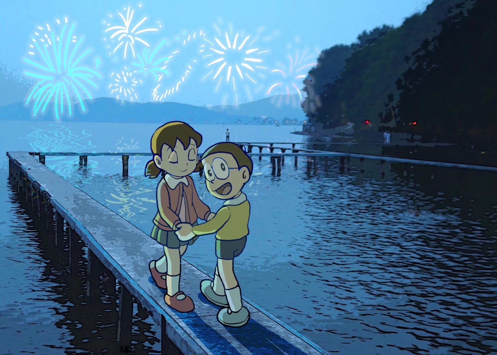 1920x1372 Doraemon HD Wallpaper: Shizuka & Nobita's Magical Lakeside Fireworks Night by 不吃草的狸猫