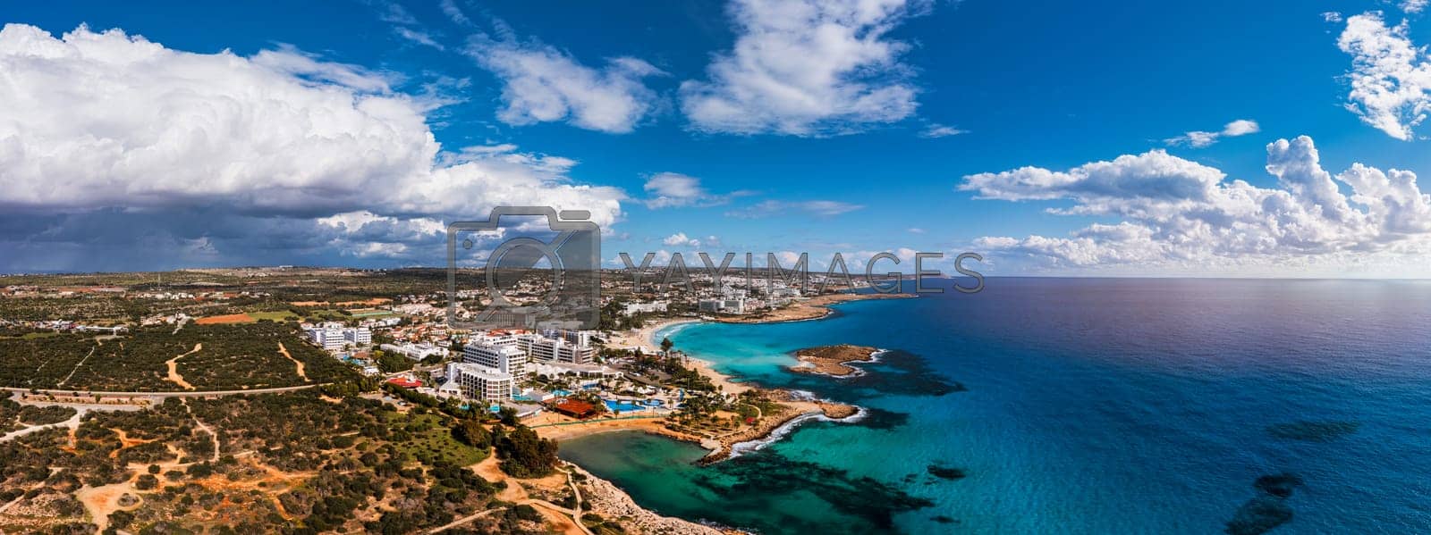1600x599 Aerial view of beautiful Nissi beach in Ayia Napa, Cyprus. Nissi beach in Ayia Napa famous tourist beach in Cyprus. A view of a azzure water and Nissi beach in Aiya Napa