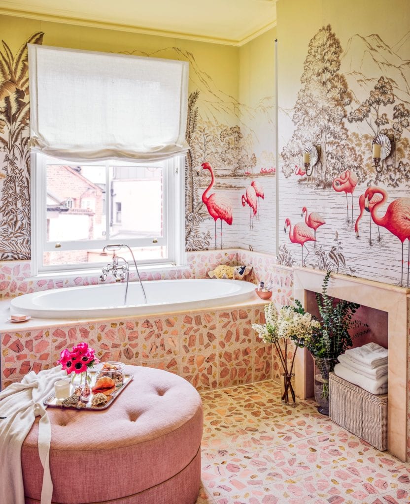 832x1024 Hanna Cecil Gurney De Gournay Wallpaper Flamingos London Apartment Pink Marble Bathroom Glam Pad