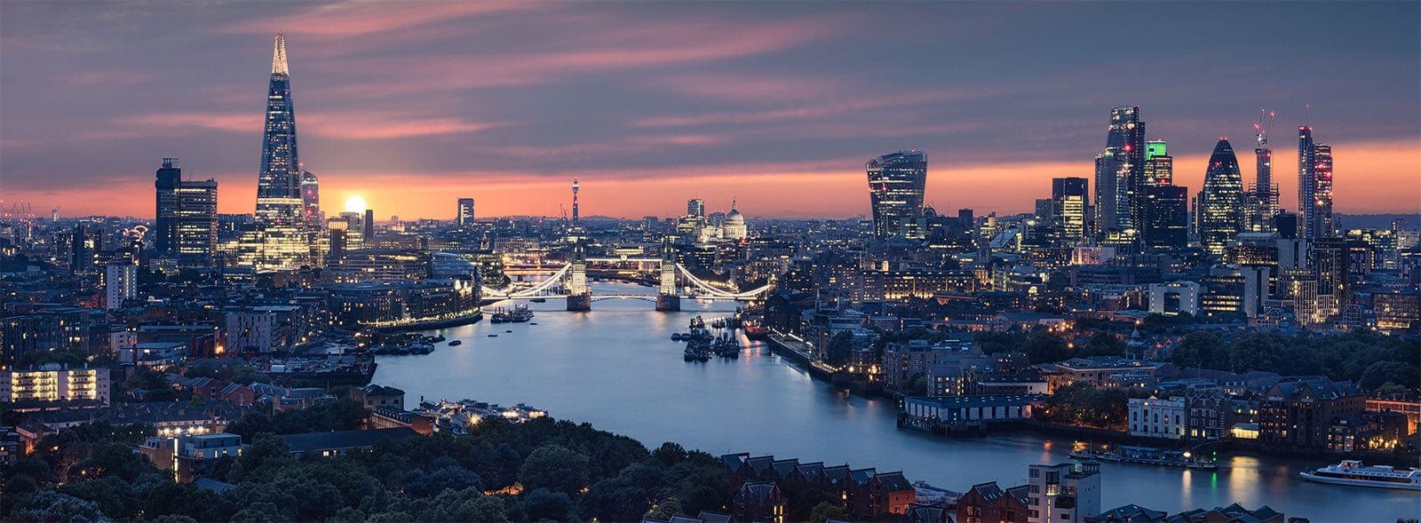 1600x589 Stunning Nighttime London Skyline Mural Wallpaper with Vibrant Cityscape View