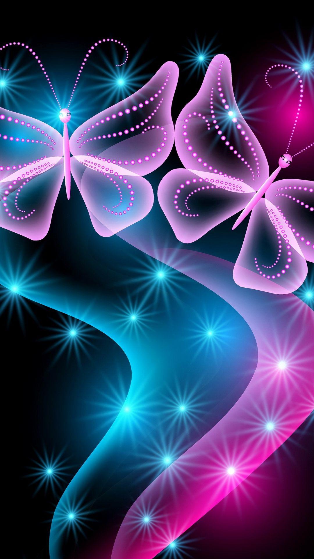 1080x1920 Butterflies Neon Light Abstract Black Background iPhone 8