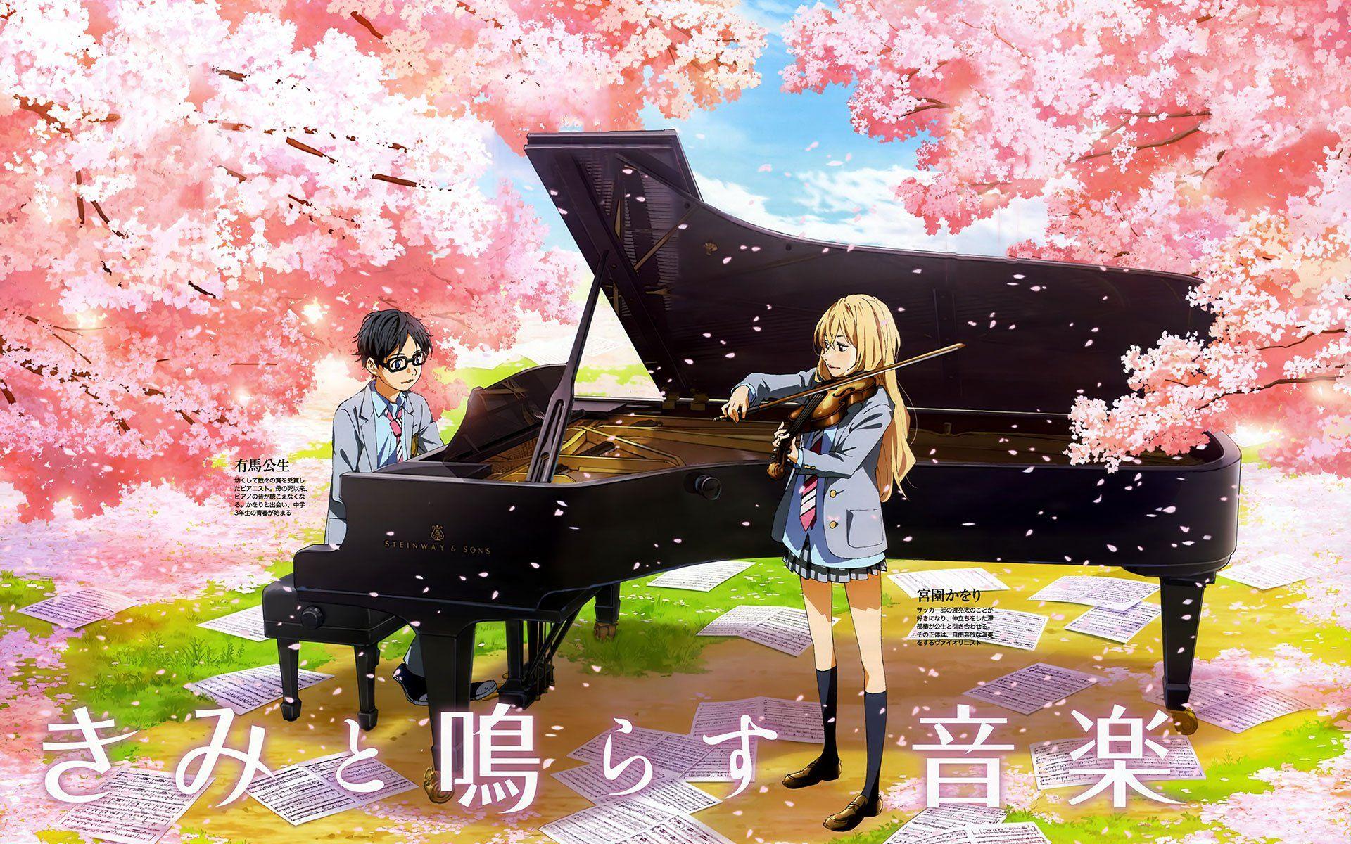 1920x1200 anime, Series, Girl, Male, Piano, Violin, Music, Sakura, Couple