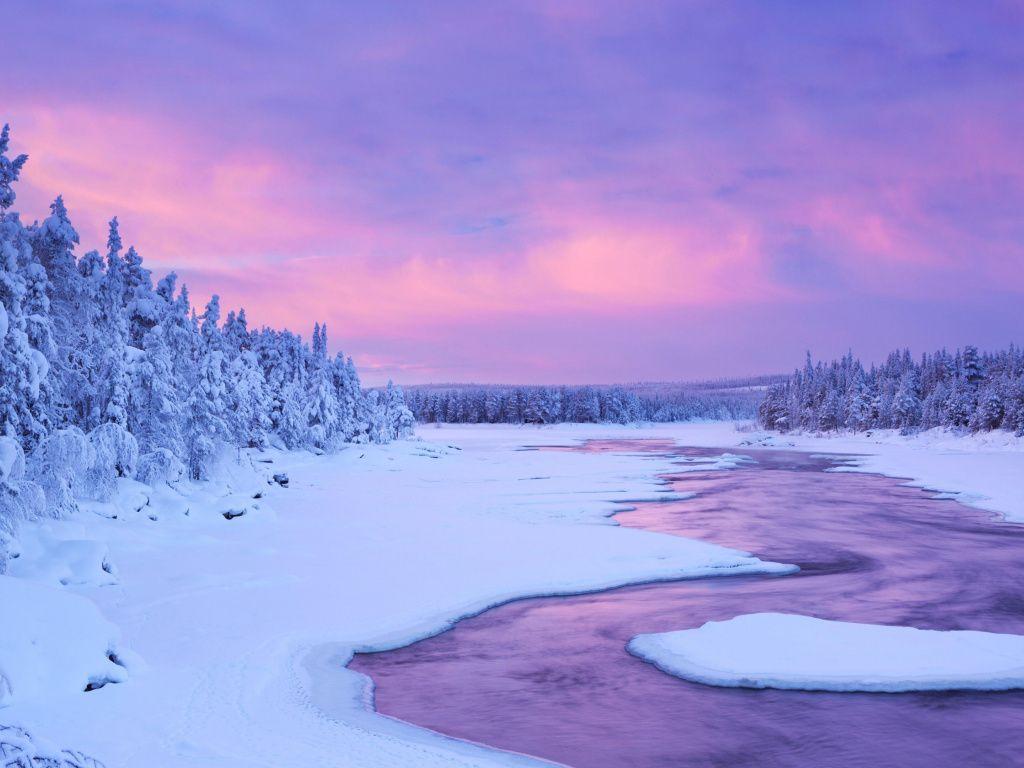 1024x768 Winter, sunset, stream, nature wallpaper, HD image, picture