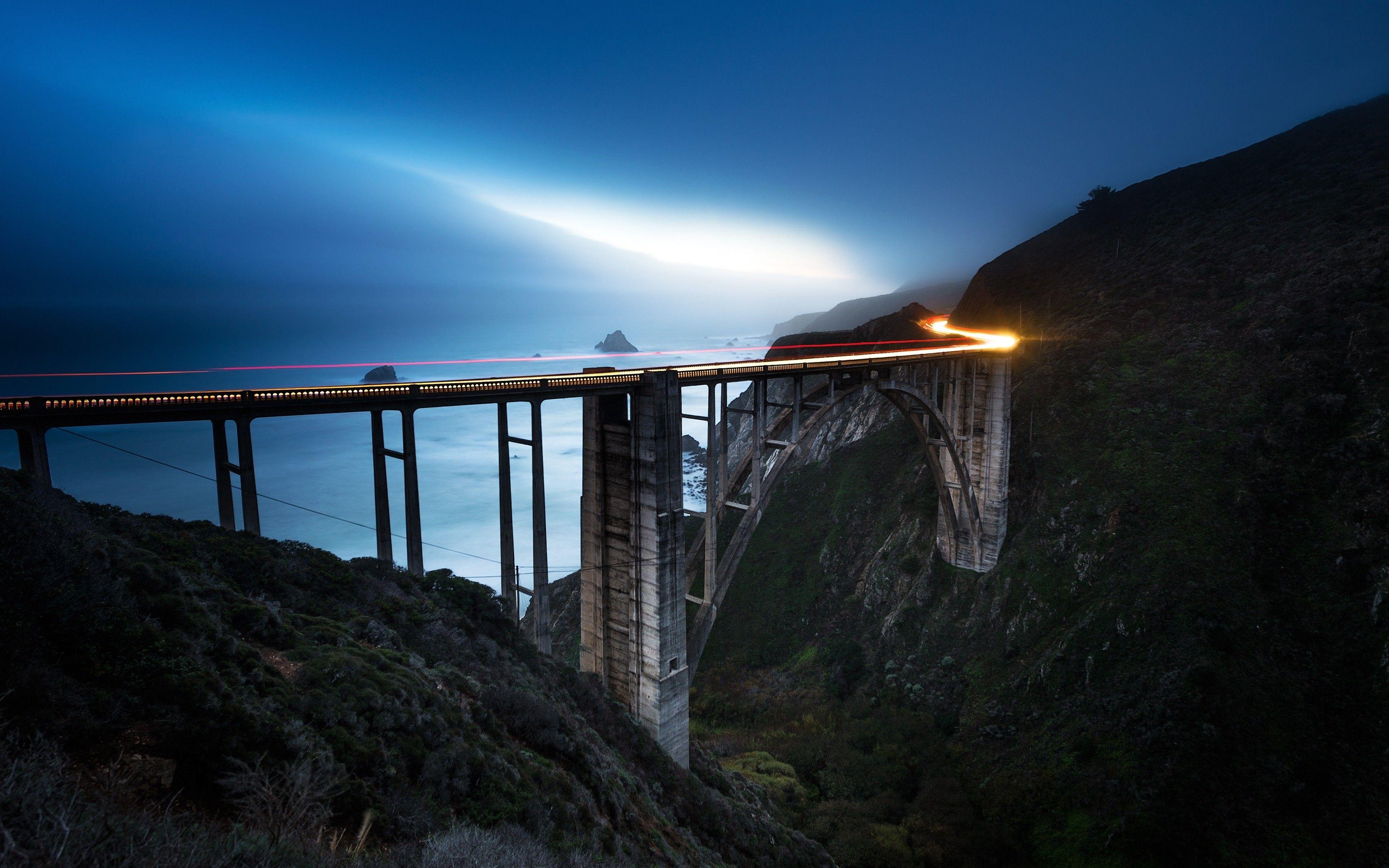 3360x2100 nature, Landscape, Light Trails, Bridge, Sunset, Sea, Blue