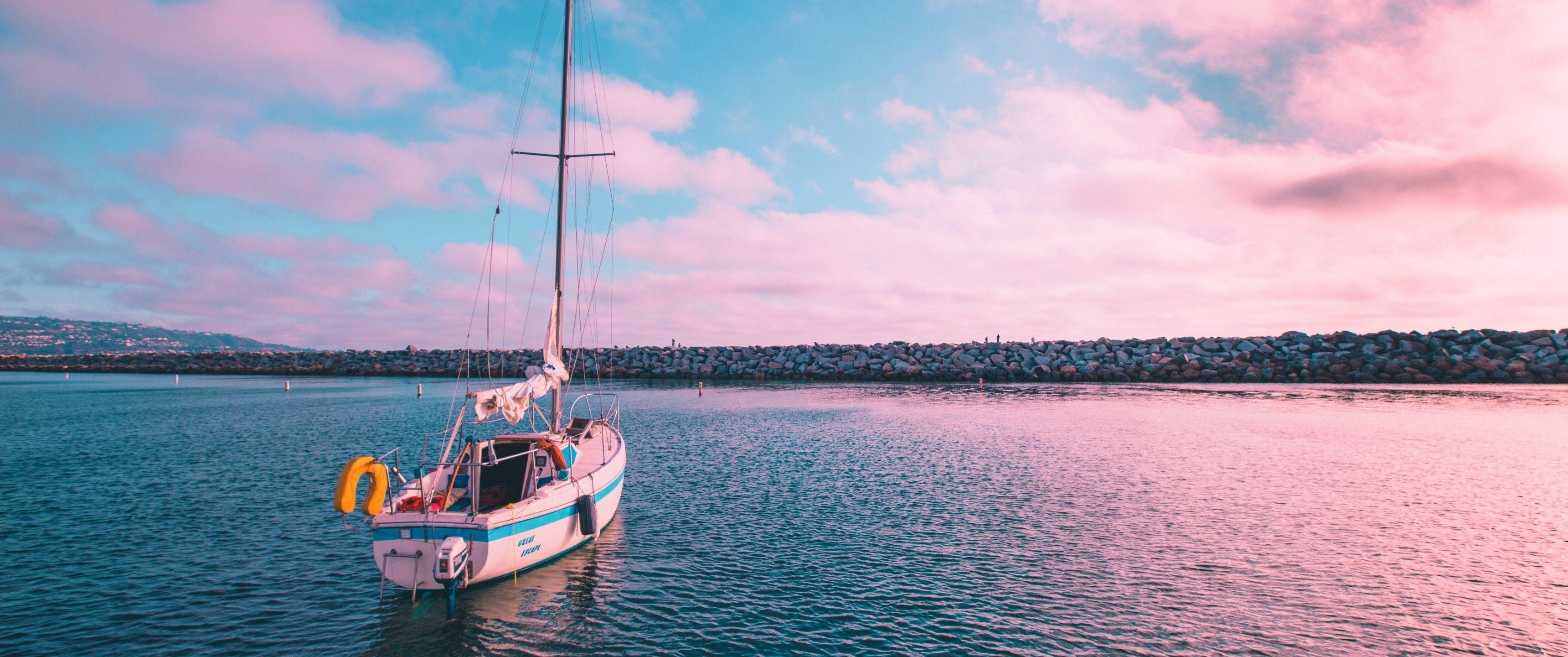 3440x1440 Download 3440x1440 California, Boat, Sea, Coast Wallpaper