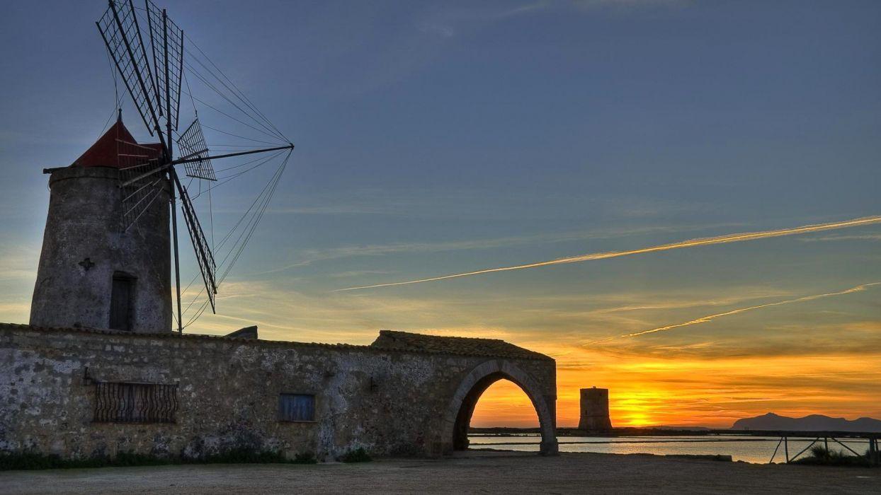 1244x700 Sicily Italy sky night sunset windmill windmill building tower