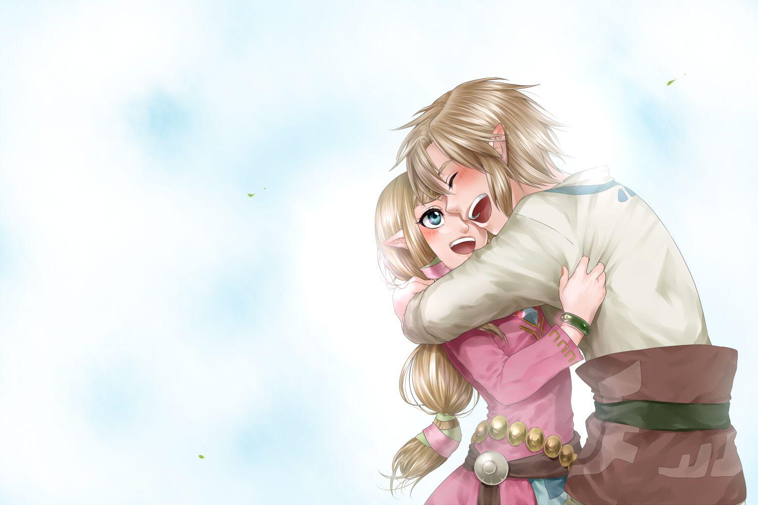 1500x1000 blonde hair blue eyes hug link (zelda) pointed ears princess zelda