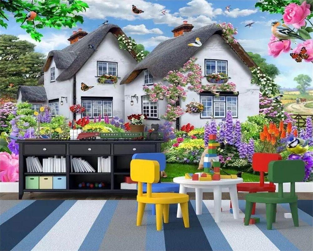 1000x800 Beibehang Wallpaper Mural Blue Sky Thatched House Multicolored Small Garden Dog Landscape Children Background Mural 3D Wallpaper