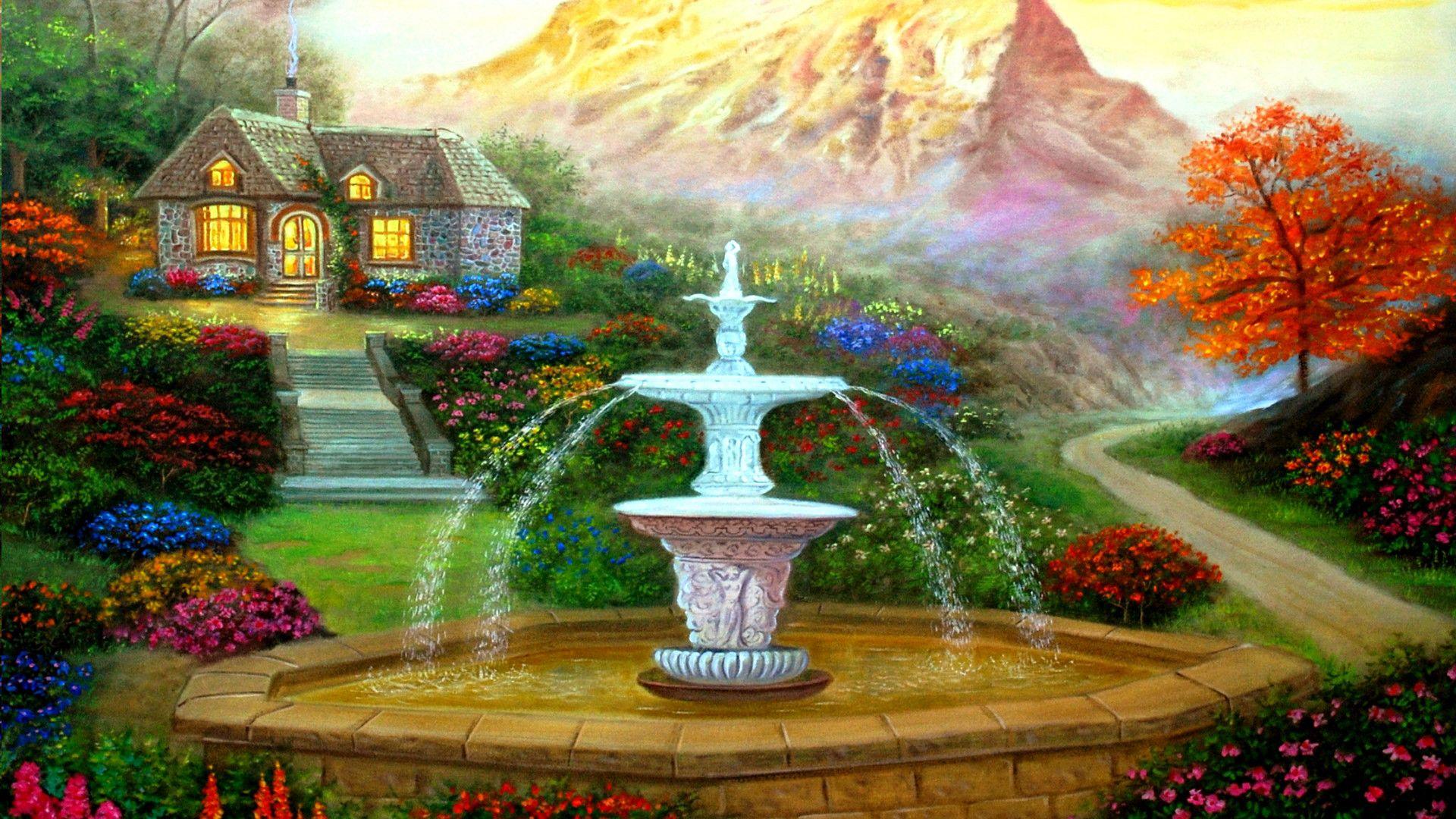 1920x1080 Cottage and Fountain HD Wallpaper. Background Imagex1080
