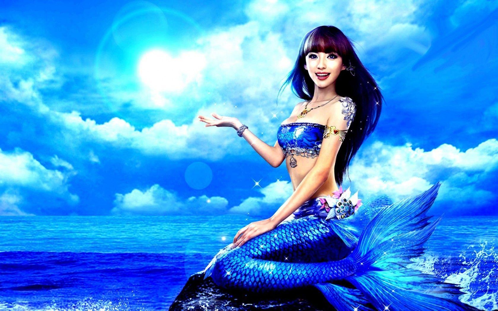 1680x1050 Asian Girl Mermaid Tail Blue Sea Ocean Wallpaper HD 2560x1440