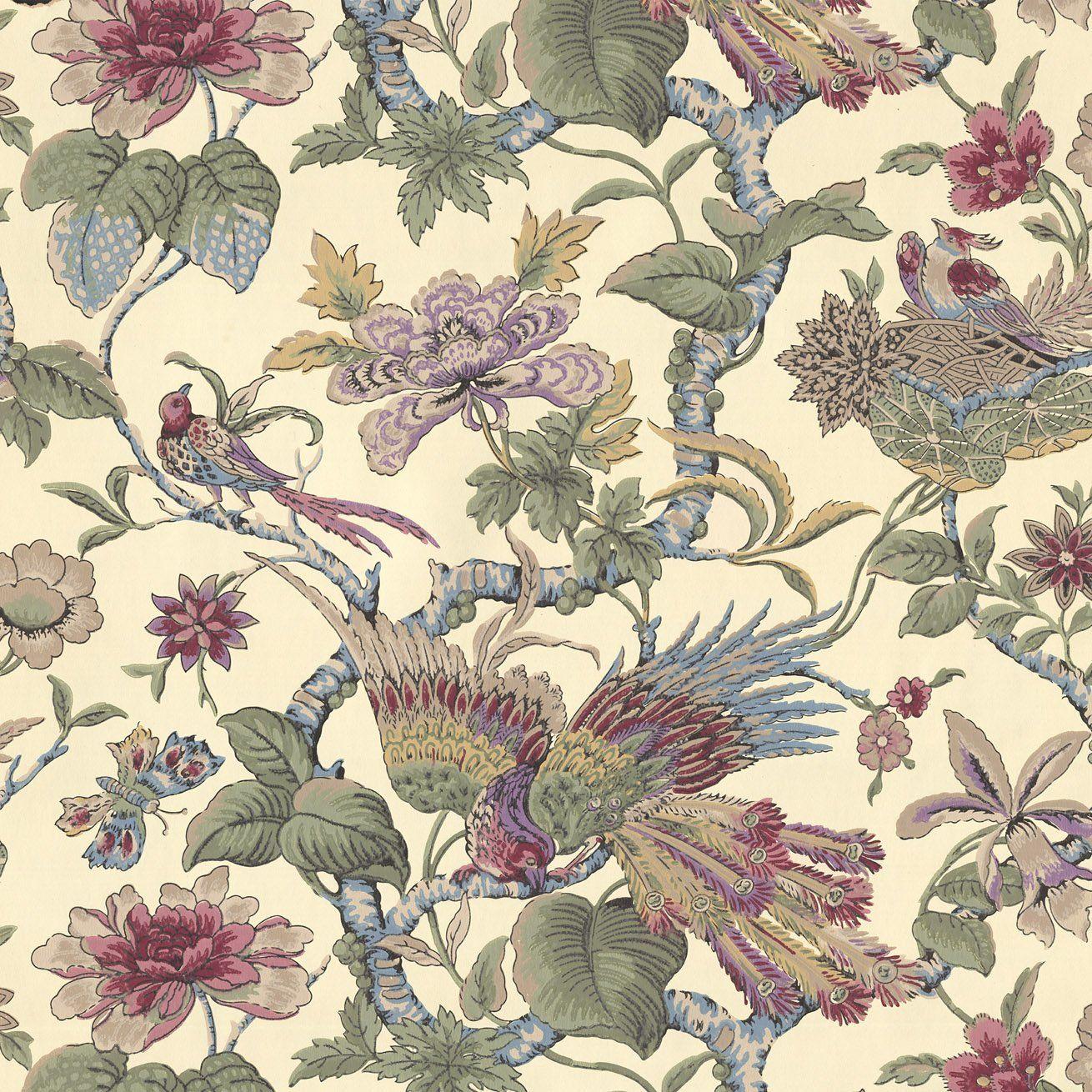 1310x1310 Feathered Bird Amid Flowering Vines Antique Wallpaper
