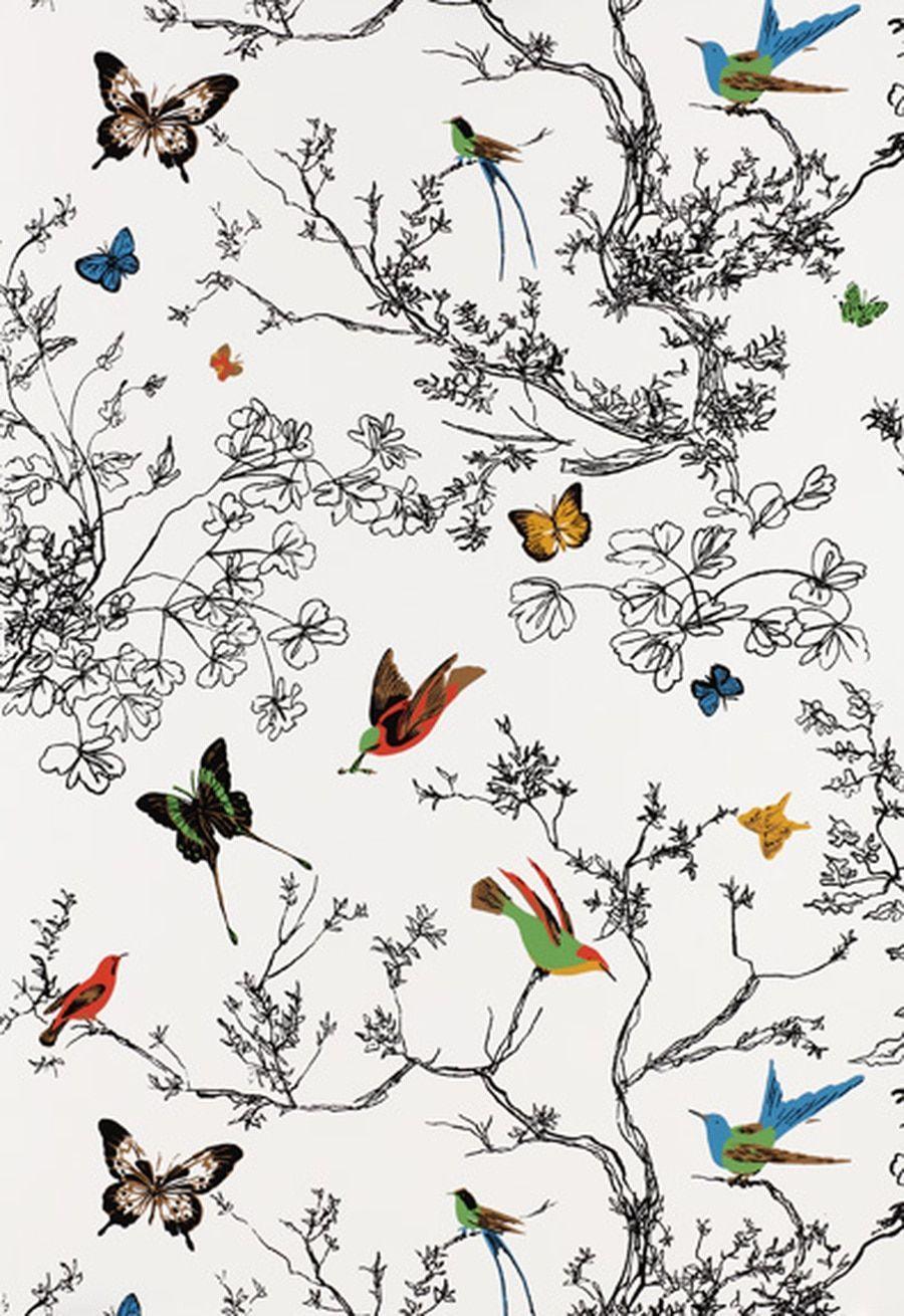 900x1310 Schumacher Birds and Butterflies Wallpaper Multi on White 2704420