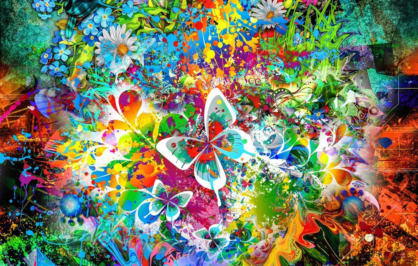 1332x850 Wallpaper flowers, birds, Colors, butterflies, drawings, shapes