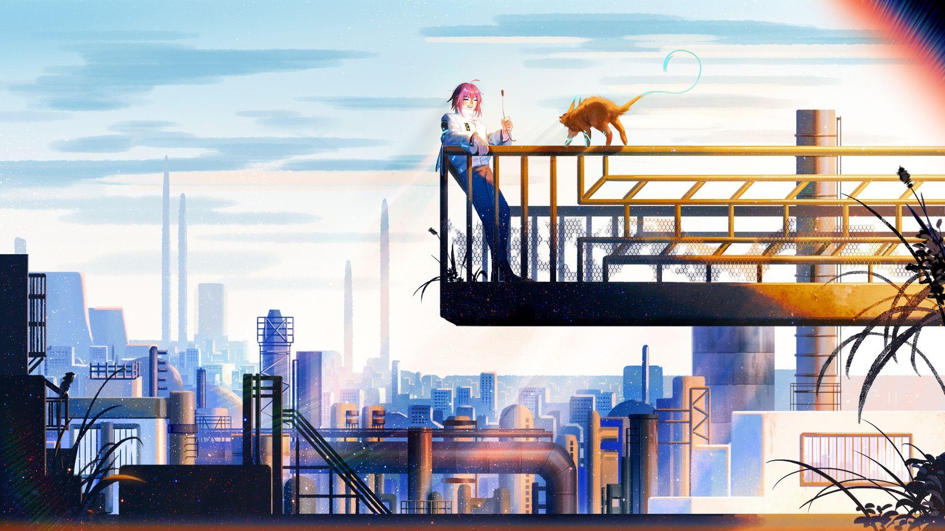 1920x1080 Download 1920x1080 Anime Boy, Industrial City, Scenic Wallpaper