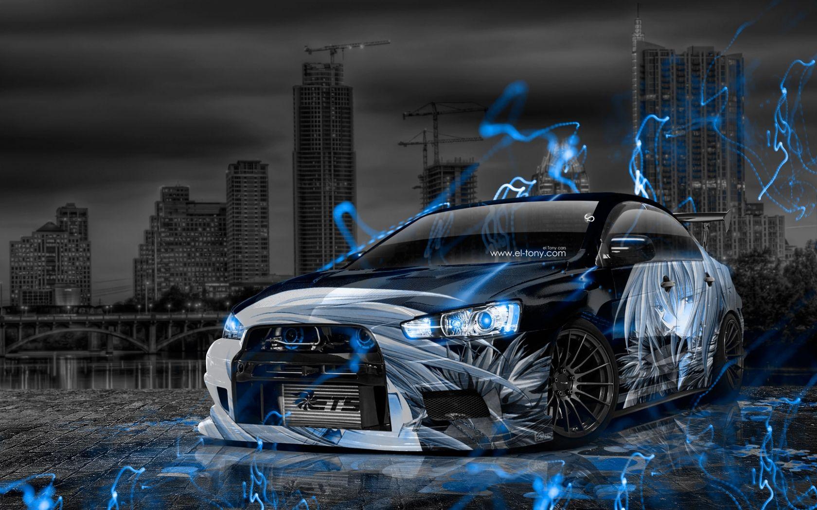 1680x1050 Free download Anime Boy Aerography City Car 2015 Blue Neon Effects