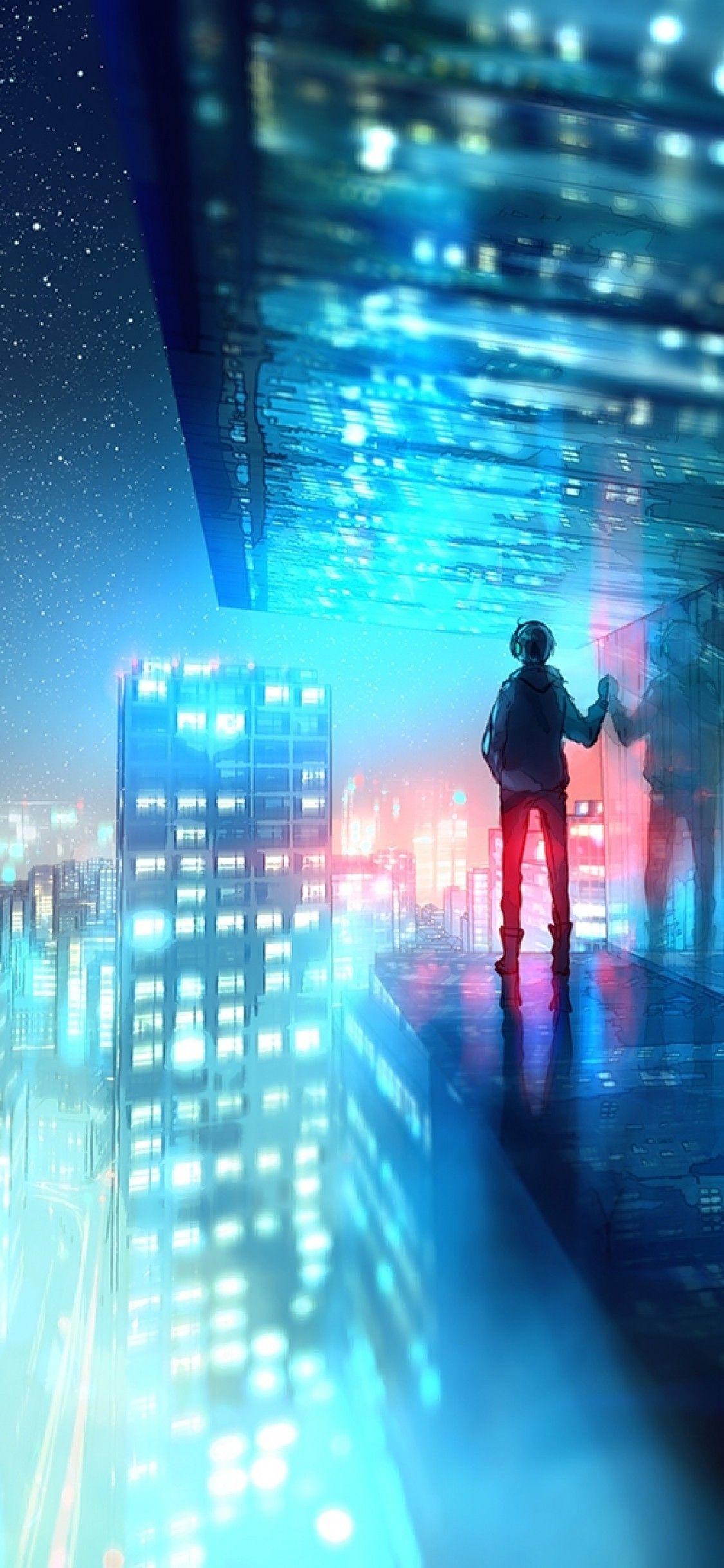 1125x2436 Download 1125x2436 Anime City, Night, Buildings, Cityscape, Boy