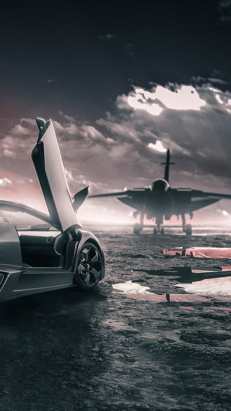 800x1422 Lambo and jet, aircraft, airplane, car, italy, lamborghini, marine, navy, silver, HD phone wallpaper