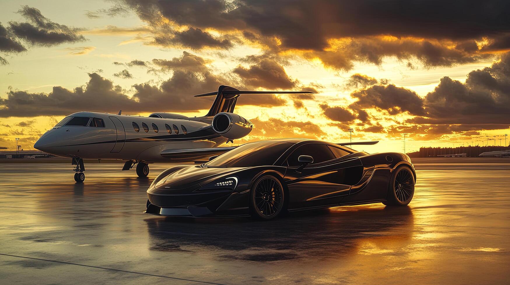 1749x980 Sleek private jet and black sports car reflect sunset light on airport tarmac