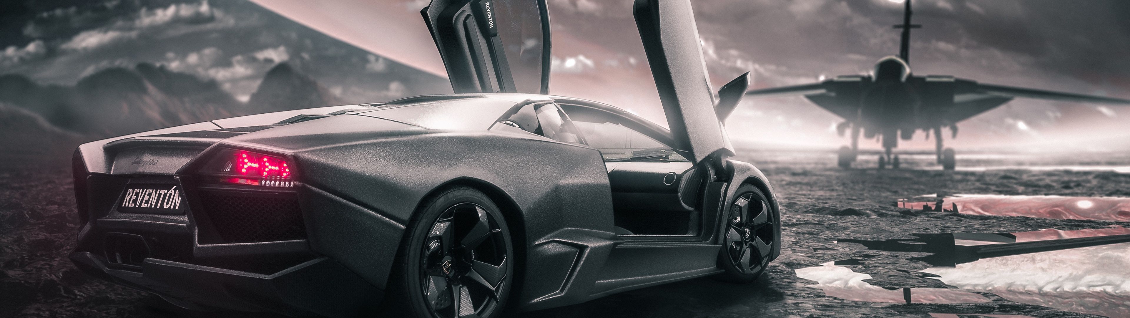 3840x1080 Lamborghini Reventon Wallpaper 4K, Jet fighter, Sports cars
