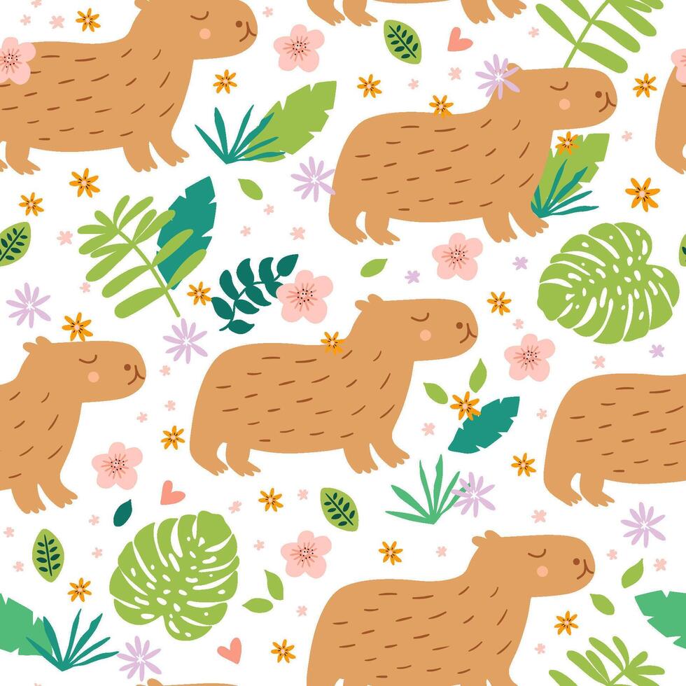 980x980 Cute Capybara in jungle seamless pattern. Summer tropic repeat background with cute animal, tropical leaves, flowers. Vector childish wallpaper, textile design, print, gift paper, wrapping, fabric