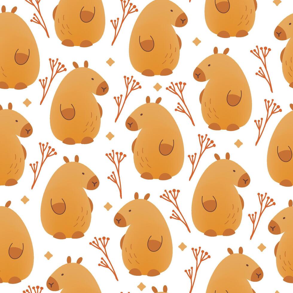 980x980 Capybara with flowers and leaves seamless pattern on white background. illustration of cute cartoon animals.Kids print in flat style with mesh gradient