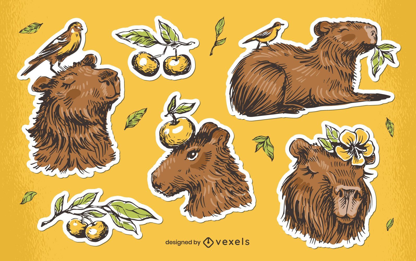 1595x1000 Vintage Capybara Stickers Set Vector Download