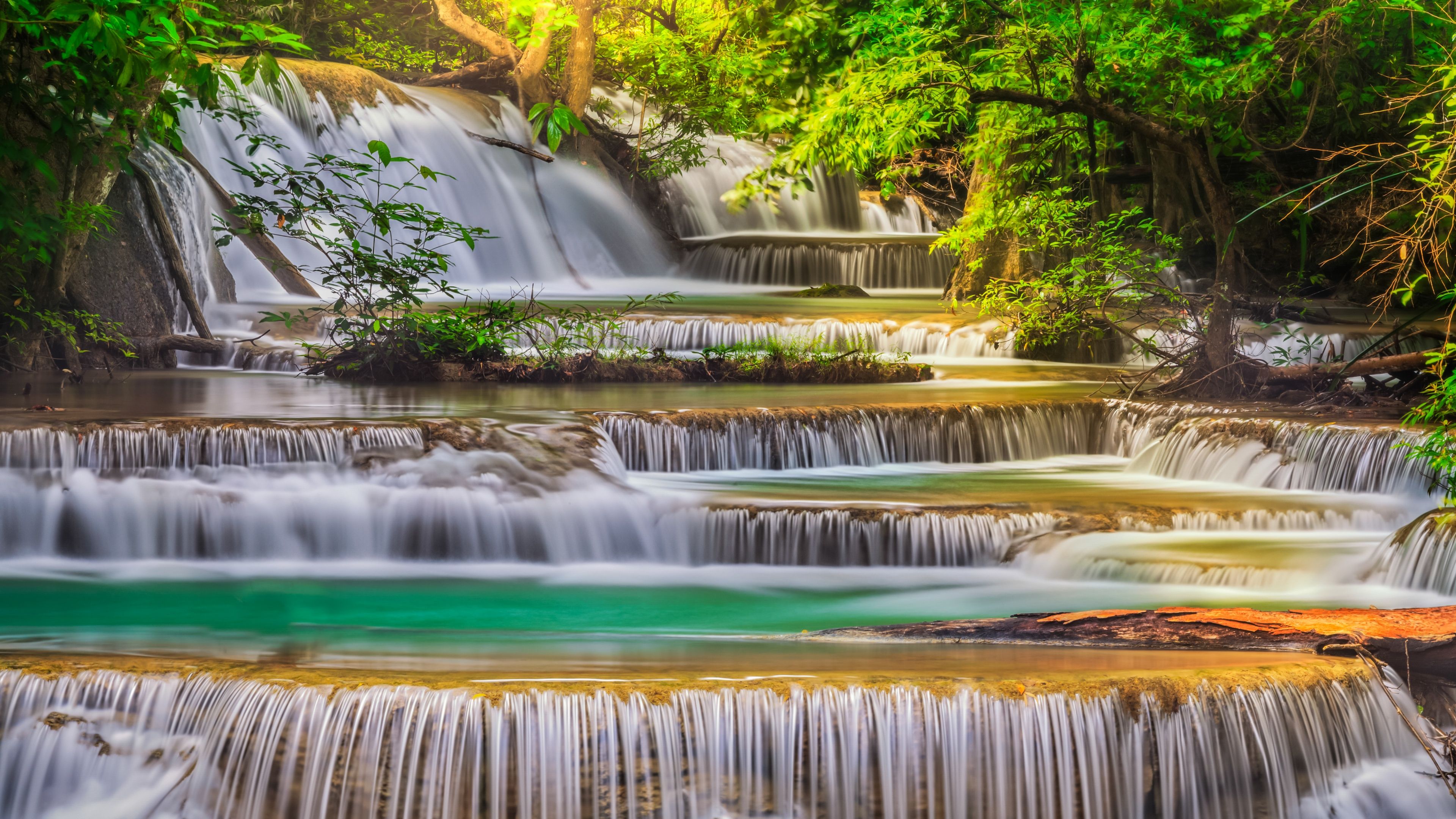 3840x2160 Erawan Falls Wallpaper 4K, Scenic, Waterfall, Forest, Spring