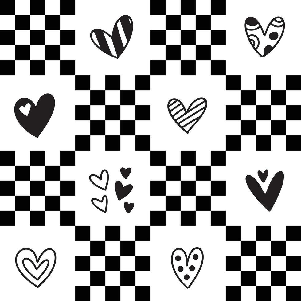 980x980 Cute y2k patchwork seamless pattern background, black and white monochrome checkerboard and hand drawn hearts doodle backdrop. Modern, trendy vector design, aesthetic print for textile, wallpaper
